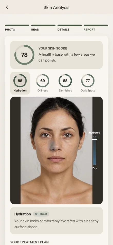 The skin analysis: an overall score with named indicators and markers on the client's face