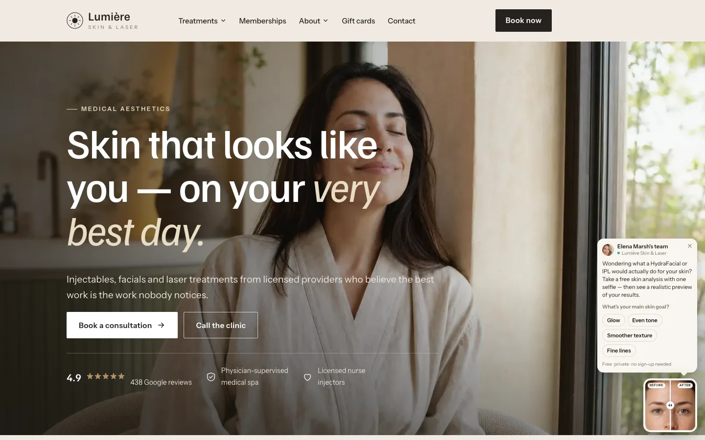 A demo clinic's homepage. In the bottom corner is a small before-and-after of real skin, with a short greeting above it, that opens the clinic's own skin analysis toolkit.